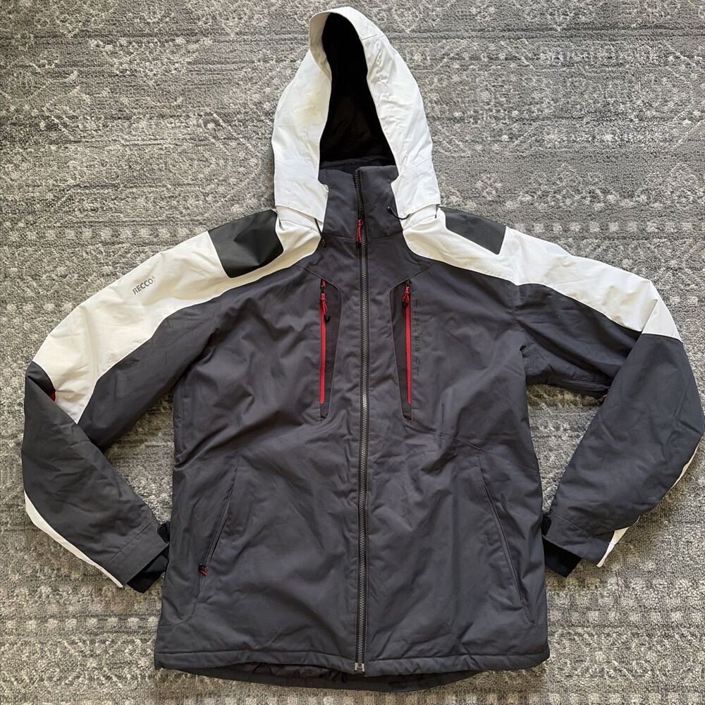 Obermeyer Ski Jacket Men’s Large Recco Waterproof Breathable Hooded Gray White